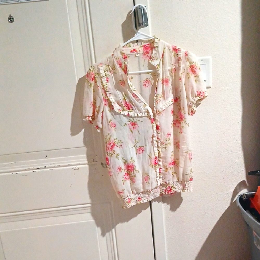 Forever 21 Pink and White Ruffled Sailor Collar Blouse